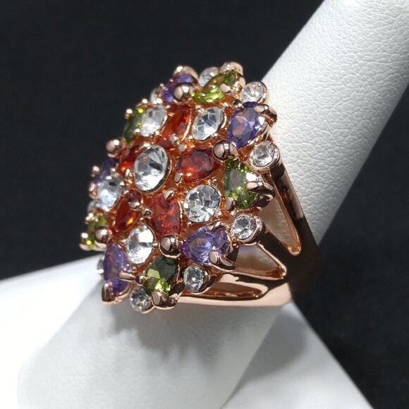 Rose Gold Tone Ring, Multicolored Rhinestones, CZs, Size 7 3/4 - Picture 2 of 8